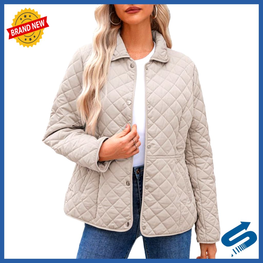 Women's Quilted Puffer Jacket Long Sleeve Button Down Diamond Texture Cozy